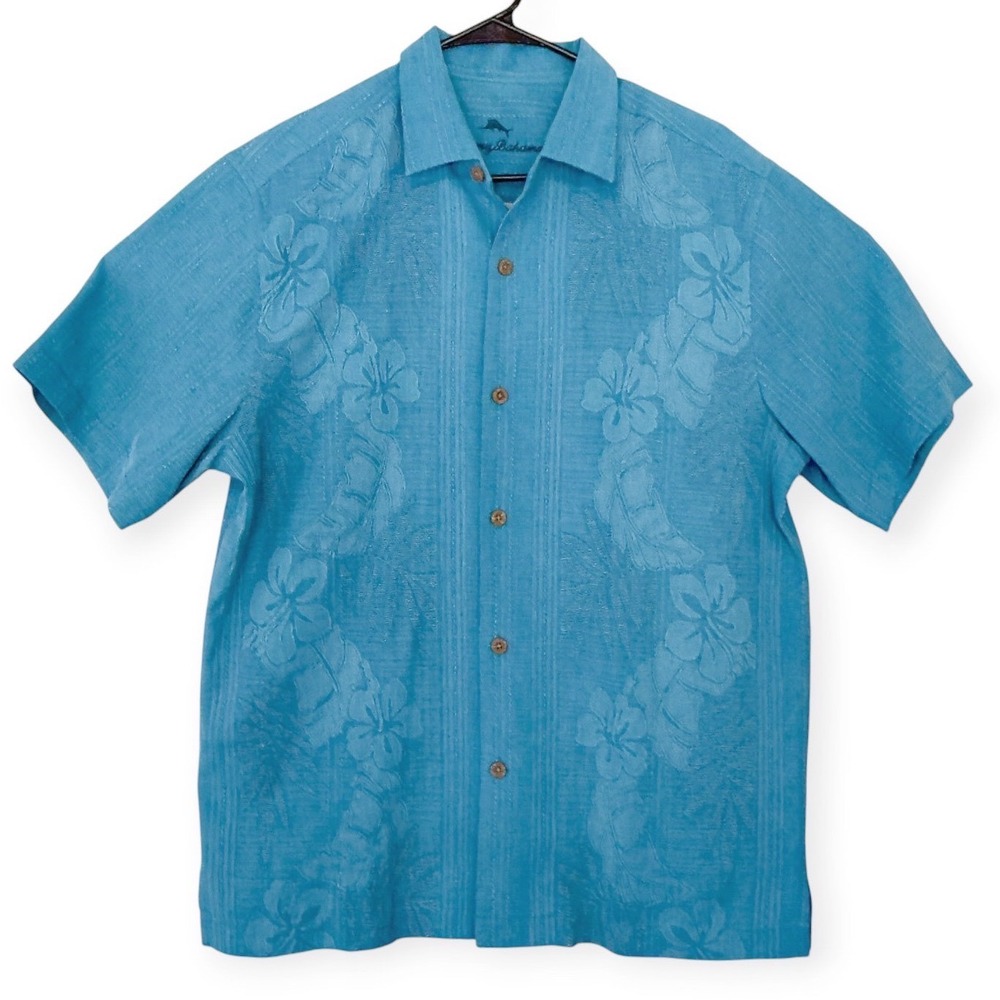 Tommy Bahama Mens Blue 100% Silk Hibiscus Floral Jacquard Camp Shirt Medium
